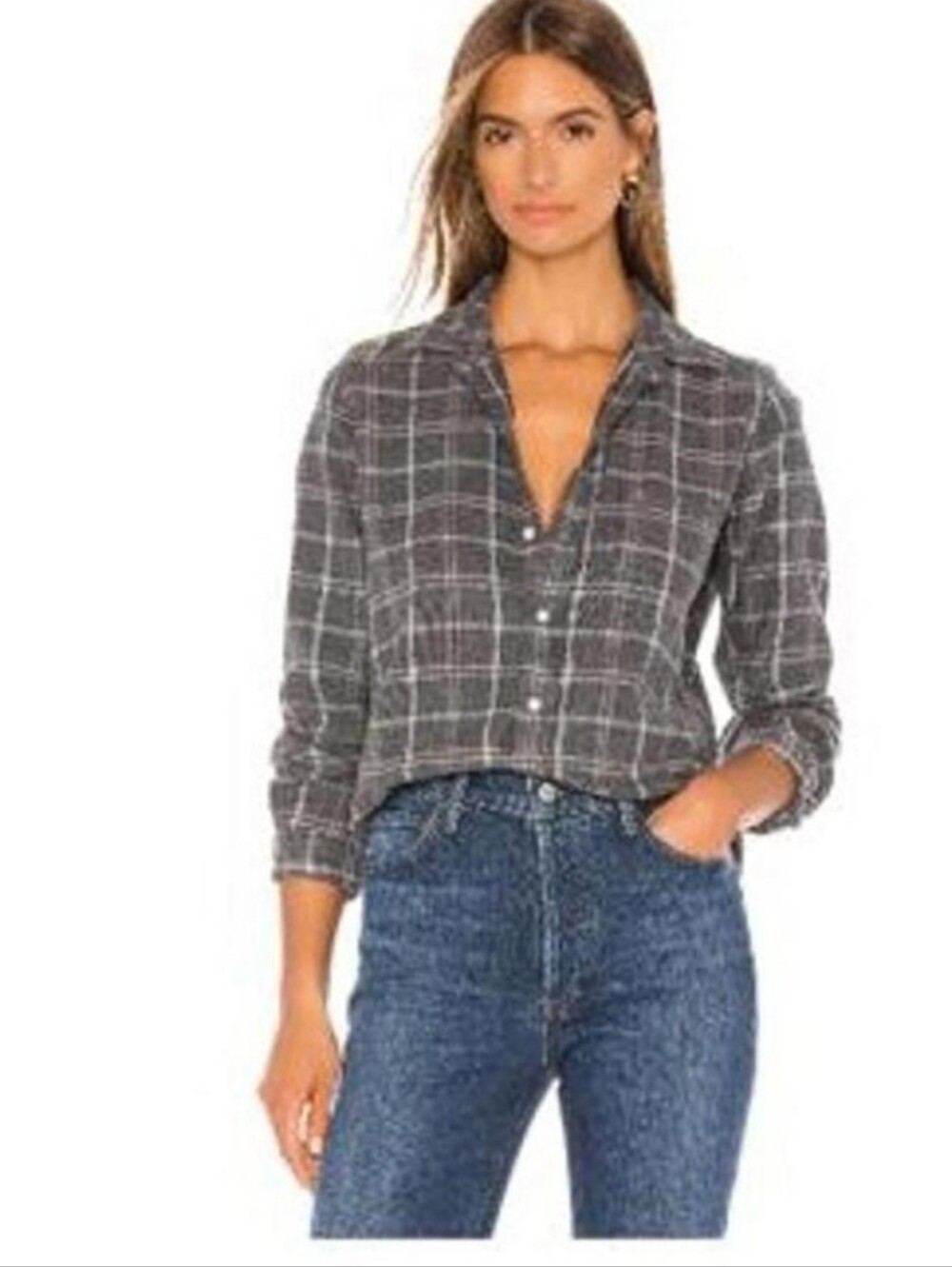 Frank & Eileen Gray Plaid Long-Sleeve Button-Up Shirt Small 100% Cotton